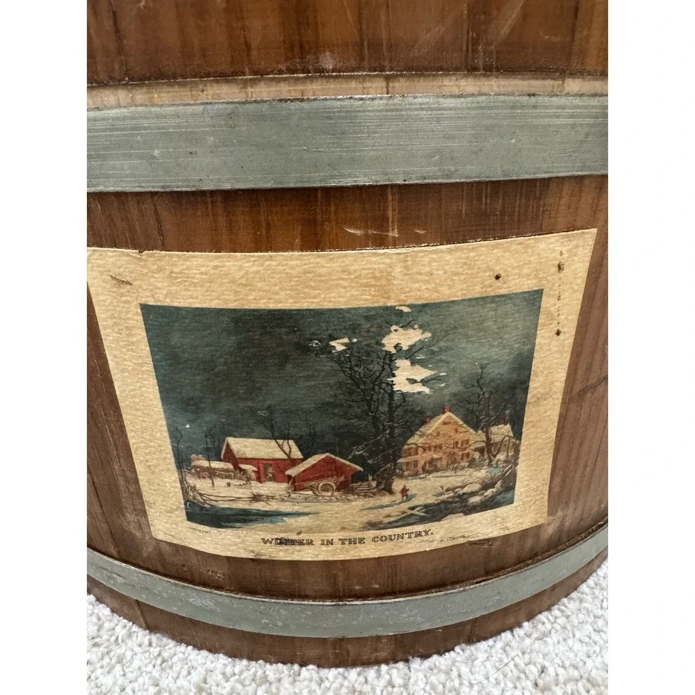 Antique PRIMITIVE Vintage Wooden Bucket w/ Swing Handle 2 Metal Bands Christmas